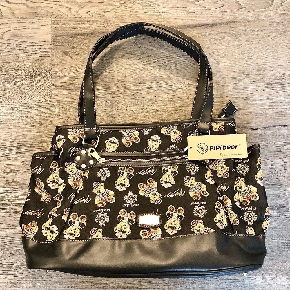 PIPI BEAR 𝅺Diaper Bag Backpack Tote Black Gold Trim Baby Bags for Boys or Girls